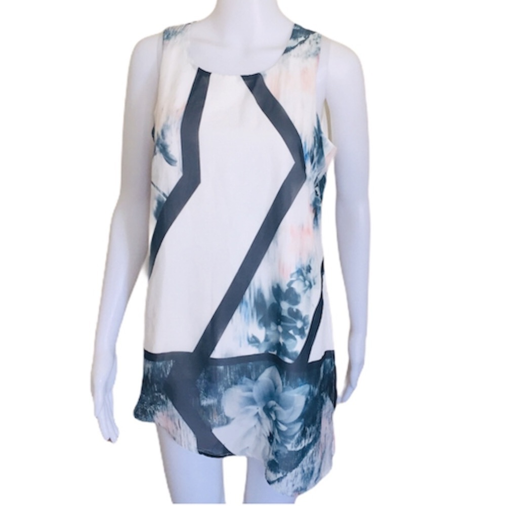 CLEO PETITES Ivory Floral Sleeveless Sheer Overlay Tunic Top Size S Small